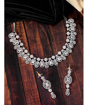 SwaDev American Diamond/AD Contemprorary Silver Toned Jewellery Set SDJS0056