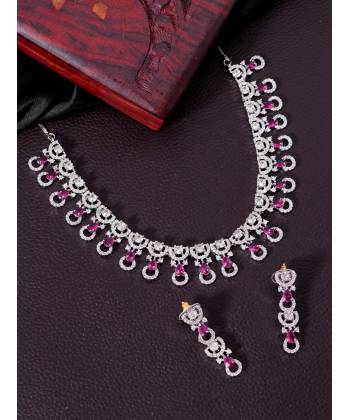 SwaDev Silver-Toned Contemporary American Diamond/AD Royal Pink Stone Jewellery Set SDJS0057