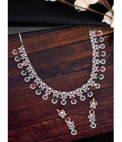 SwaDev Classic Silver-Toned American Diamond/AD Multicolor Studded Jewellery Set SDJS0058