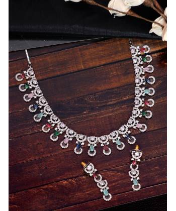 SwaDev Classic Silver-Toned American Diamond/AD Multicolor Studded Jewellery Set SDJS0058