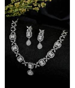 SwaDev Cubic White American Daimond/AD Embedded Silver-Tone Flower Vine Jewellery Set SDJS0065