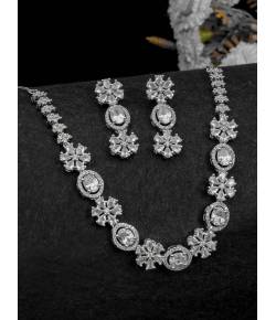 SwaDev Silver-Plated White American Diamond/AD Cubic Zirconia Studded Handcrafted Jewellery Set  SDJS0068