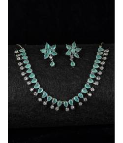 SwaDev Vintage AD/American Silver-Tone Sparkling Floral Turquoise Blue Drop Jewellery Set 