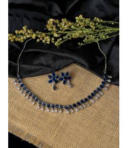 SwaDev Vintage AD/American Silver-Tone Sparkling Floral Royal Blue Drop Jewellery Set SDJS0071