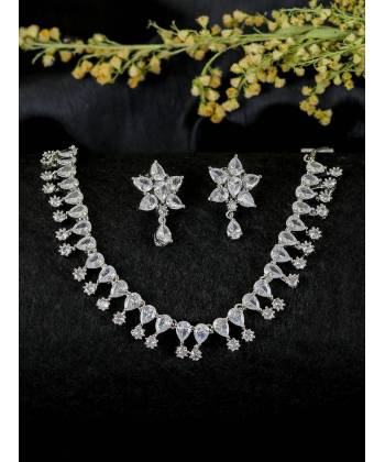 SwaDev Silver-Tone Emerald CZ White Teardrop American Diamond/AD Jewellery Set SDJS0073