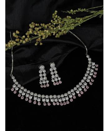 SwaDev Women Silver-Tone White & Pink Crystal-Studded Sparkling American Daimond/Ad Jewellery Set SDJS0076