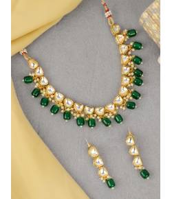 SwaDev Gold Tone American Diamond/AD Stone Choker Green Pearl Jewellery Set SDJS0100