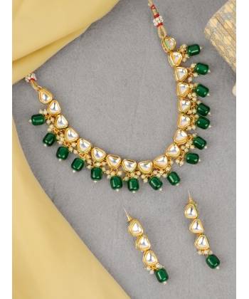 SwaDev Gold Tone American Diamond/AD Stone Choker Green Pearl Jewellery Set SDJS0100
