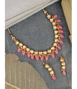 SwaDev Gold Tone American Diamond/AD Stone Choker Baby Pink Pearl Jewellery Set SDJS0101