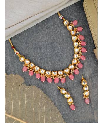 SwaDev Gold Tone American Diamond/AD Stone Choker Baby Pink Pearl Jewellery Set SDJS0101