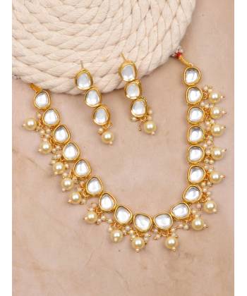 SwaDev Gold-Tone White Coloured Kundan AD/ Stones Studded & Pearl Beaded Jewellery Set   SDJS0102