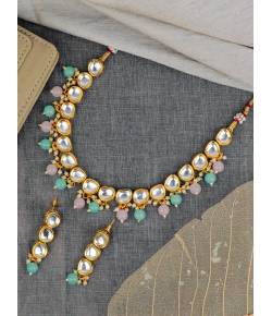 SwaDev Gold-Tone Multicolor Kundan AD/ Stones Studded & Pearl Beaded Jewellery Set SDJS0103