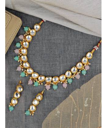 SwaDev Gold-Tone Multicolor Kundan AD/ Stones Studded & Pearl Beaded Jewellery Set SDJS0103