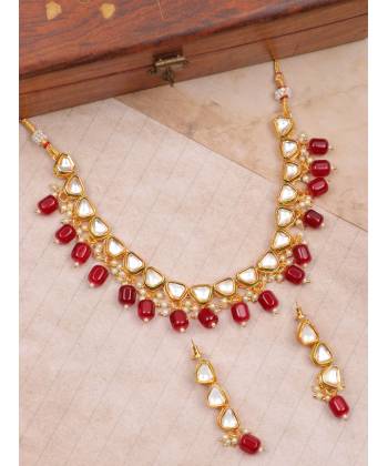 SwaDev Gold-Tone Red Coloured Kundan AD/ Stones Studded & Pearl Beaded Jewellery Set SDJS0105