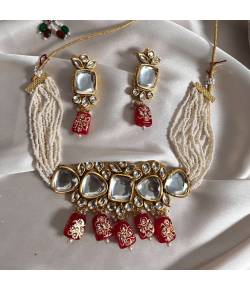 Crunchy Fashion Gold-Tone Meenakari Red Stone Kundan Jewellery Set SDJS0111