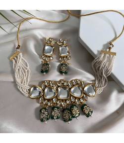 Crunchy Fashion Gold-Tone Meenakari Green Stone Kundan Jewellery Set SDJS0112