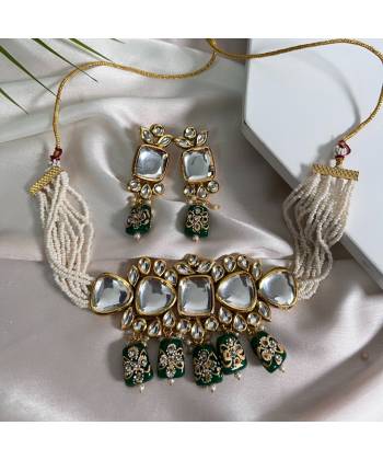 Crunchy Fashion Gold-Tone Meenakari Green Stone Kundan Jewellery Set SDJS0112