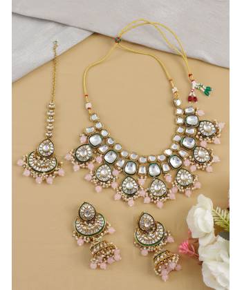Pink Drops Statement Party Wear Kundan Jewellery Set for Women