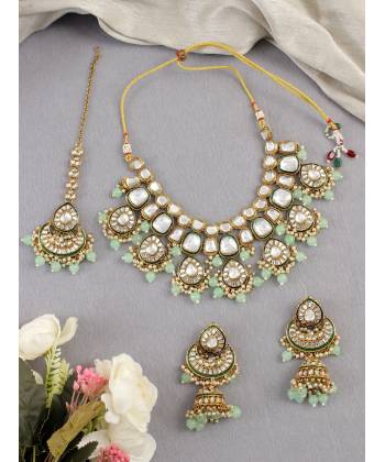 Stylish Mint Green Kundan Necklace Set for Partywear &