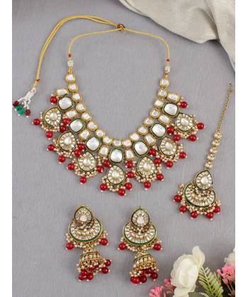 Kundan Gold Plated Red Necklace Jhumka Set for Women