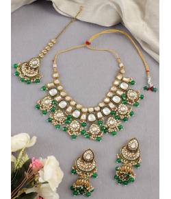 Green Drops Kundan Studded Necklace Jhumka & Tikka Set for