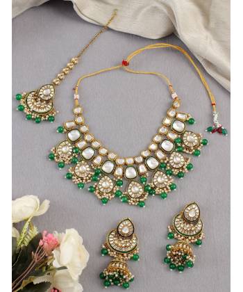 Green Drops Kundan Studded Necklace Jhumka & Tikka Set for