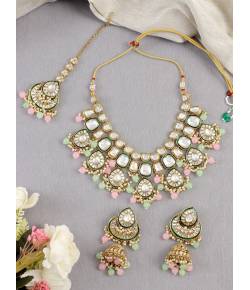 Stylish Pink-Mint Green Drops Kundan Jewellery Set for Women