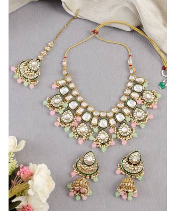 Stylish Pink-Mint Green Drops Kundan Jewellery Set for Women