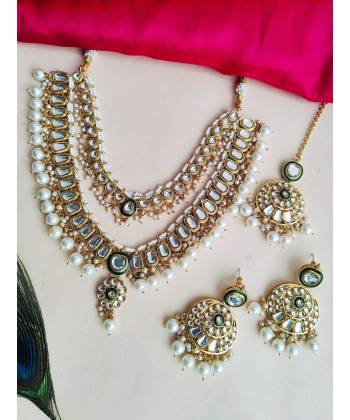 Golden Glaze - White Pearl Kundan Bridal Jewelry Set for Summer Celebrations