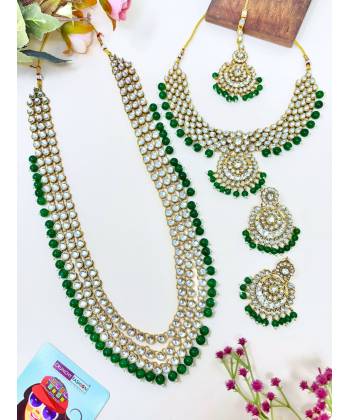 Golden Polish Green Kundan Bridal Jewellery Set - Perfect for Saree Ensembles