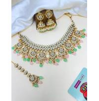 Pink-Mint Green Pastel Drops Kundan Choker Necklace Earrings Tikka Set for Women