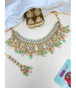 Pink-Mint Green Pastel Drops Kundan Choker Necklace Earrings Tikka Set for Women