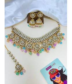 Gold-Plated Kundan Studded Choker Necklace Jewellery Set for Saree,Lehenga