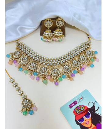 Gold-Plated Kundan Studded Choker Necklace Jewellery Set for Saree,Lehenga