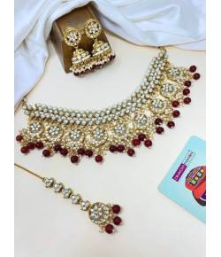 Gold Plated Maroon Drops Kundan Jewellery Set for Women & Girls