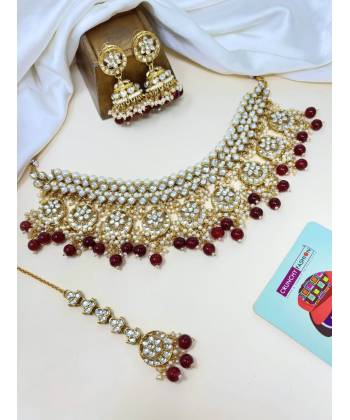 Gold Plated Maroon Drops Kundan Jewellery Set for Women & Girls