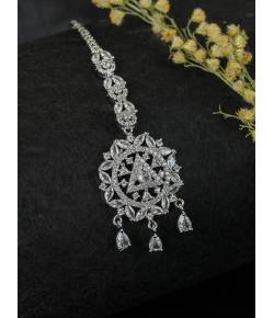 SwaDev Silver-Tone Ad/ American Diamond Floral Handcrafted Maang Tika For Women SDJTK007