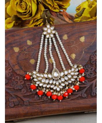 Crunchy Fashion Gold-plated Kun Red Pearl Bahu Begum Style Pasa Maang Tika CFTK0042
