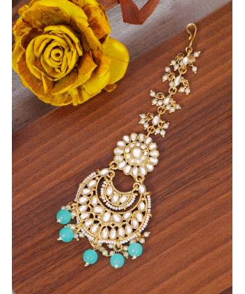 Gold-Plated Chandbali Design Kundan Stone Blue Pearl Embedded Maang Tika CFTK0045