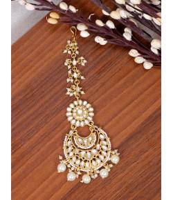 Gold-Plated Chandbali Design Kundan Stone White Pearl Embedded Maang Tika CFTK0046