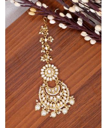 Gold-Plated Chandbali Design Kundan Stone White Pearl Embedded Maang Tika CFTK0046