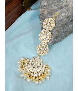 Crunchy Fashion Gold-Plated Kundan & White Pearl Maang Tika CFTK0048