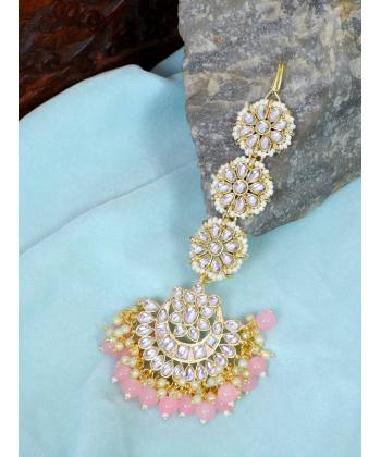 Crunchy Fashion Gold-Plated Kundan &Pink Pearl Maang Tika CFTK0049