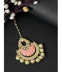 Crunchy Fashion Gold-Plated Chandbali Pink Kundan & Pearl Maang Tika CFTK0051