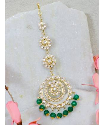 Crunchy Fashion Gold-Plated Kundan & Green Pearl  Maang Tika CFTK0056