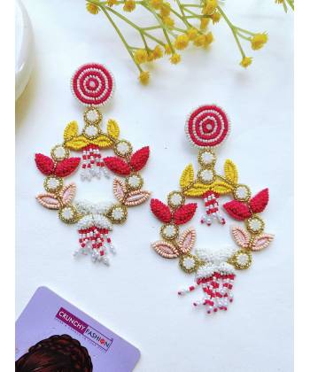 Pink-Yellow Handmade Beaded Floral Earrings For Women And