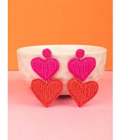 Red-Pink Double Heart Handmade Beaded Earrings