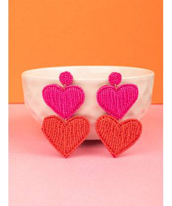 Red-Pink Double Heart Handmade Beaded Earrings