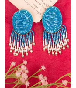 Sky-Blue & White Beaded Oval Stud Earrings for Women & Girls