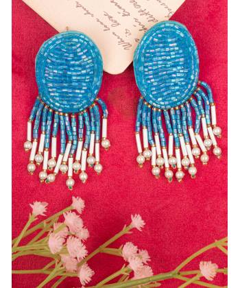 Sky-Blue & White Beaded Oval Stud Earrings for Women & Girls